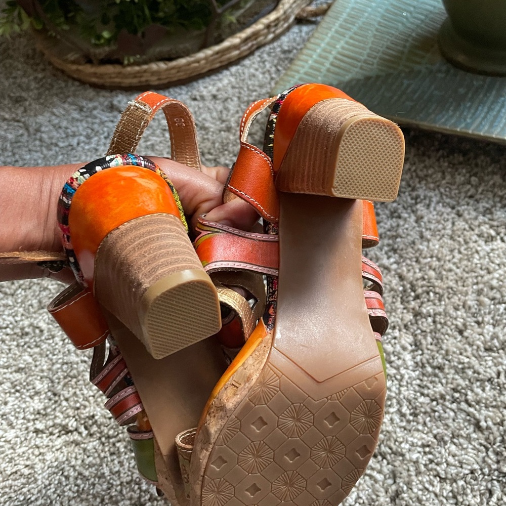 Women's Orange & Green Decorative Leather Heel Sandals sz 38 EUC - Picture 7 of 13